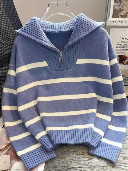 Women'S Striped-Print Drop-Shoulder Soft Sweater with Half-Zipper, Casual Fitted Long-Sleeve Collared Jumper for Daily Outdoor Wear, Knitwear for Fall & Winter, National Day Outfit