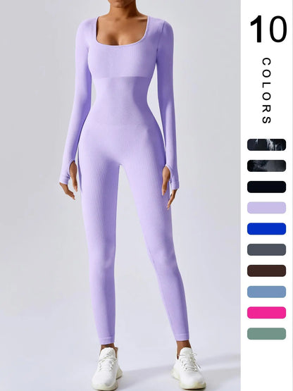Women'S Solid Ribbed Long Sleeve Sports Playsuit Tummy Control Jumpsuit, Workout Ribbed Long Sleeve Exercise Bodycon Jumpsuit, Seamless Jumpsuits One-Piece Yoga Suit, Summer Outfits 2024, Stretchable Activewear