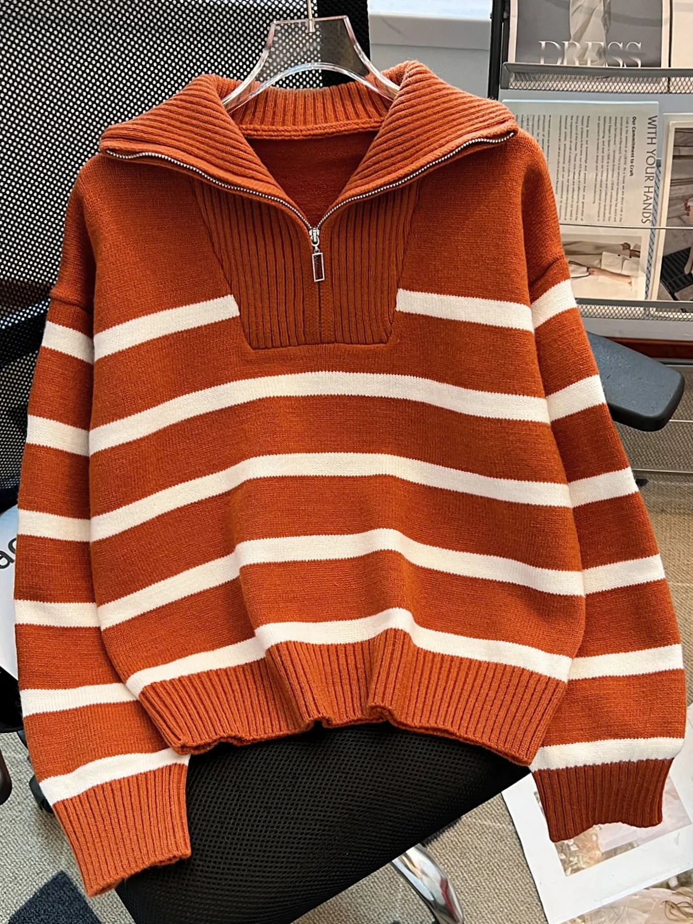 Women'S Striped-Print Drop-Shoulder Soft Sweater with Half-Zipper, Casual Fitted Long-Sleeve Collared Jumper for Daily Outdoor Wear, Knitwear for Fall & Winter, National Day Outfit