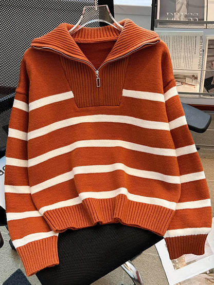 Women'S Striped-Print Drop-Shoulder Soft Sweater with Half-Zipper, Casual Fitted Long-Sleeve Collared Jumper for Daily Outdoor Wear, Knitwear for Fall & Winter, National Day Outfit