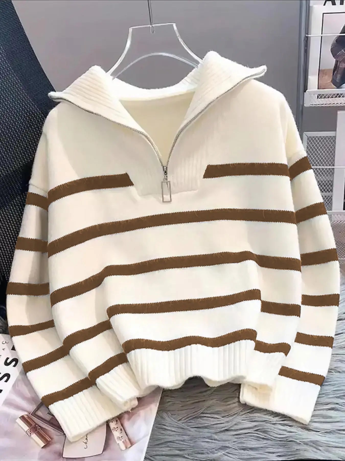 Women'S Striped-Print Drop-Shoulder Soft Sweater with Half-Zipper, Casual Fitted Long-Sleeve Collared Jumper for Daily Outdoor Wear, Knitwear for Fall & Winter, National Day Outfit