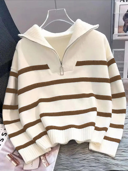 Women'S Striped-Print Drop-Shoulder Soft Sweater with Half-Zipper, Casual Fitted Long-Sleeve Collared Jumper for Daily Outdoor Wear, Knitwear for Fall & Winter, National Day Outfit