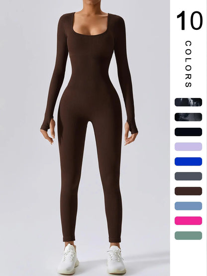Women'S Solid Ribbed Long Sleeve Sports Playsuit Tummy Control Jumpsuit, Workout Ribbed Long Sleeve Exercise Bodycon Jumpsuit, Seamless Jumpsuits One-Piece Yoga Suit, Summer Outfits 2024, Stretchable Activewear