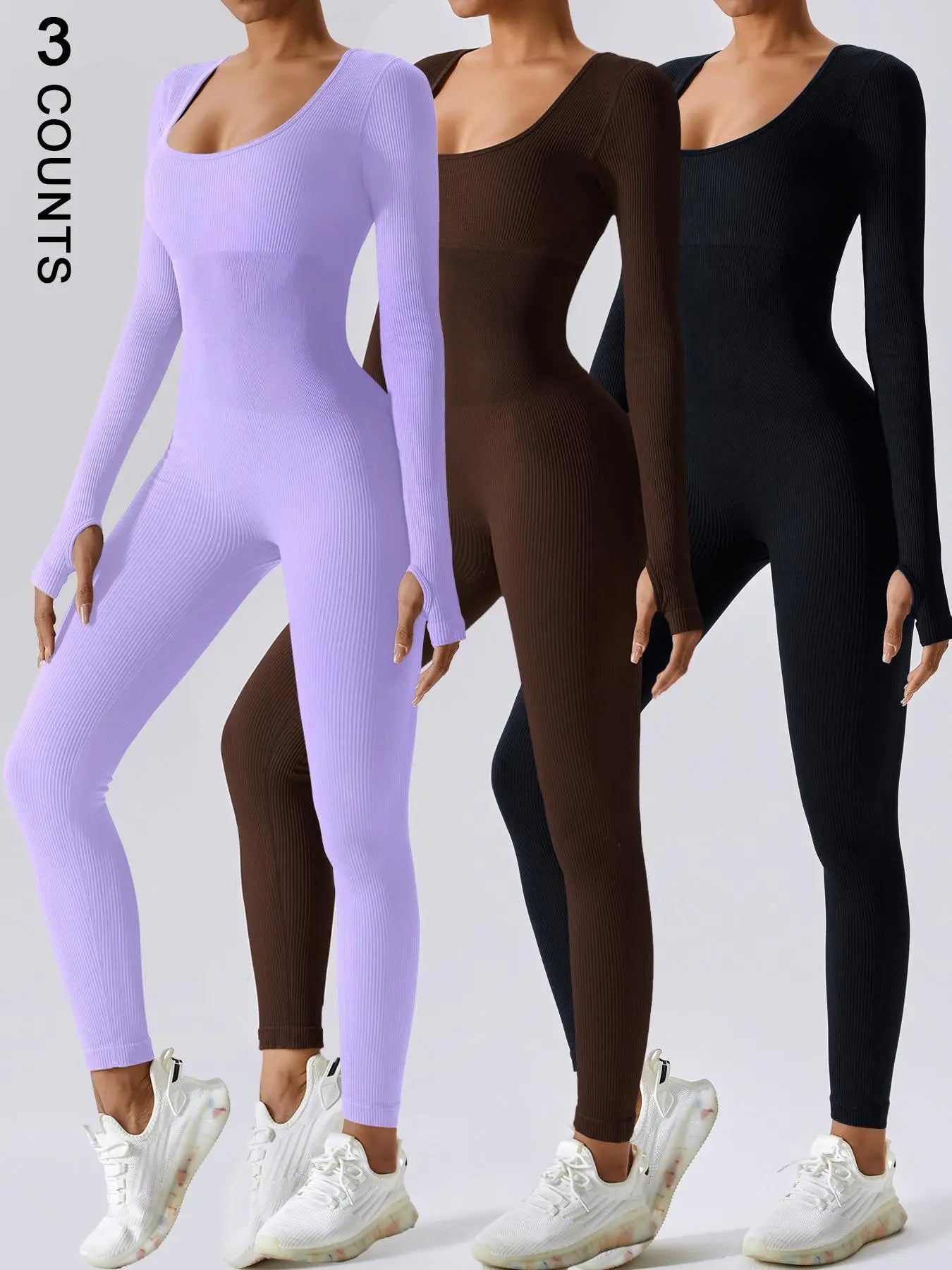 Women'S Solid Ribbed Long Sleeve Sports Playsuit Tummy Control Jumpsuit, Workout Ribbed Long Sleeve Exercise Bodycon Jumpsuit, Seamless Jumpsuits One-Piece Yoga Suit, Summer Outfits 2024, Stretchable Activewear