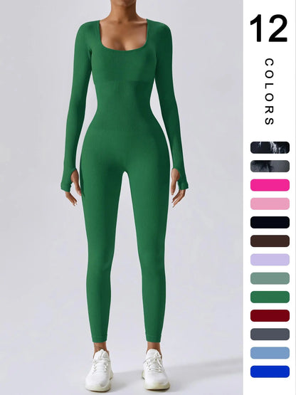 Women'S Solid Ribbed Long Sleeve Sports Playsuit Tummy Control Jumpsuit, Workout Ribbed Long Sleeve Exercise Bodycon Jumpsuit, Seamless Jumpsuits One-Piece Yoga Suit, Summer Outfits 2024, Stretchable Activewear