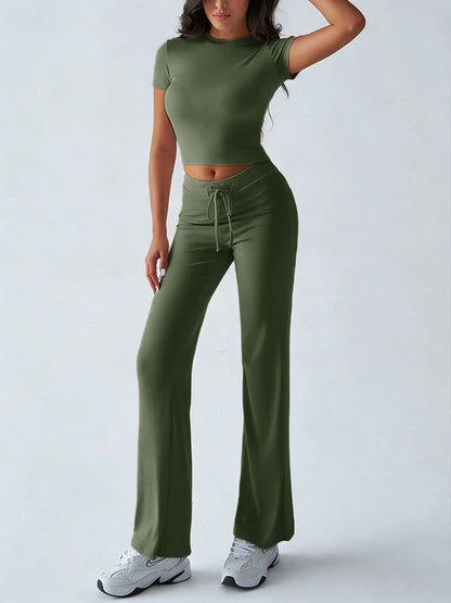 Women'S Basic Solid Short Sleeve Two-Piece Set, Casual round Neck Crop Tee & Drawstring High Waist Trousers for Daily Wear, Ladies Summer Clothes, Womenswear