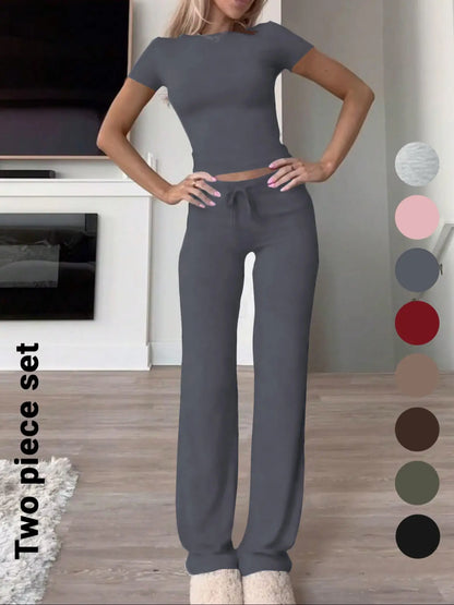 Women'S Basic Solid Short Sleeve Two-Piece Set, Casual round Neck Crop Tee & Drawstring High Waist Trousers for Daily Wear, Ladies Summer Clothes, Womenswear