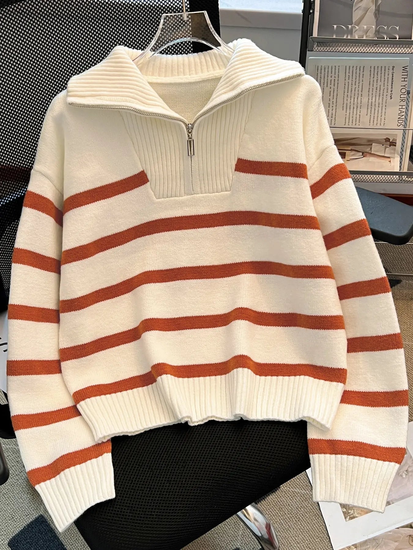 Women'S Striped-Print Drop-Shoulder Soft Sweater with Half-Zipper, Casual Fitted Long-Sleeve Collared Jumper for Daily Outdoor Wear, Knitwear for Fall & Winter, National Day Outfit