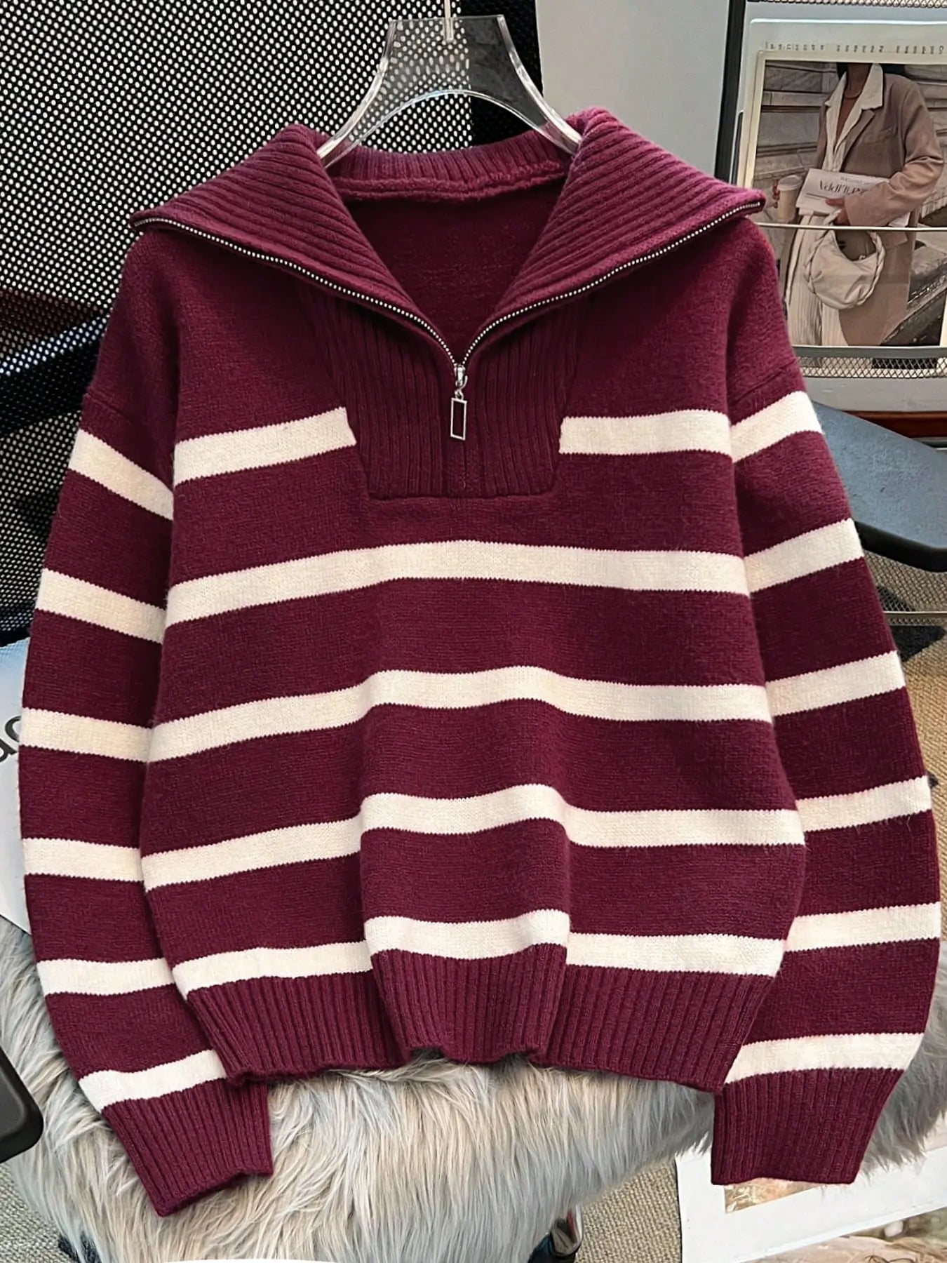 Women'S Striped-Print Drop-Shoulder Soft Sweater with Half-Zipper, Casual Fitted Long-Sleeve Collared Jumper for Daily Outdoor Wear, Knitwear for Fall & Winter, National Day Outfit