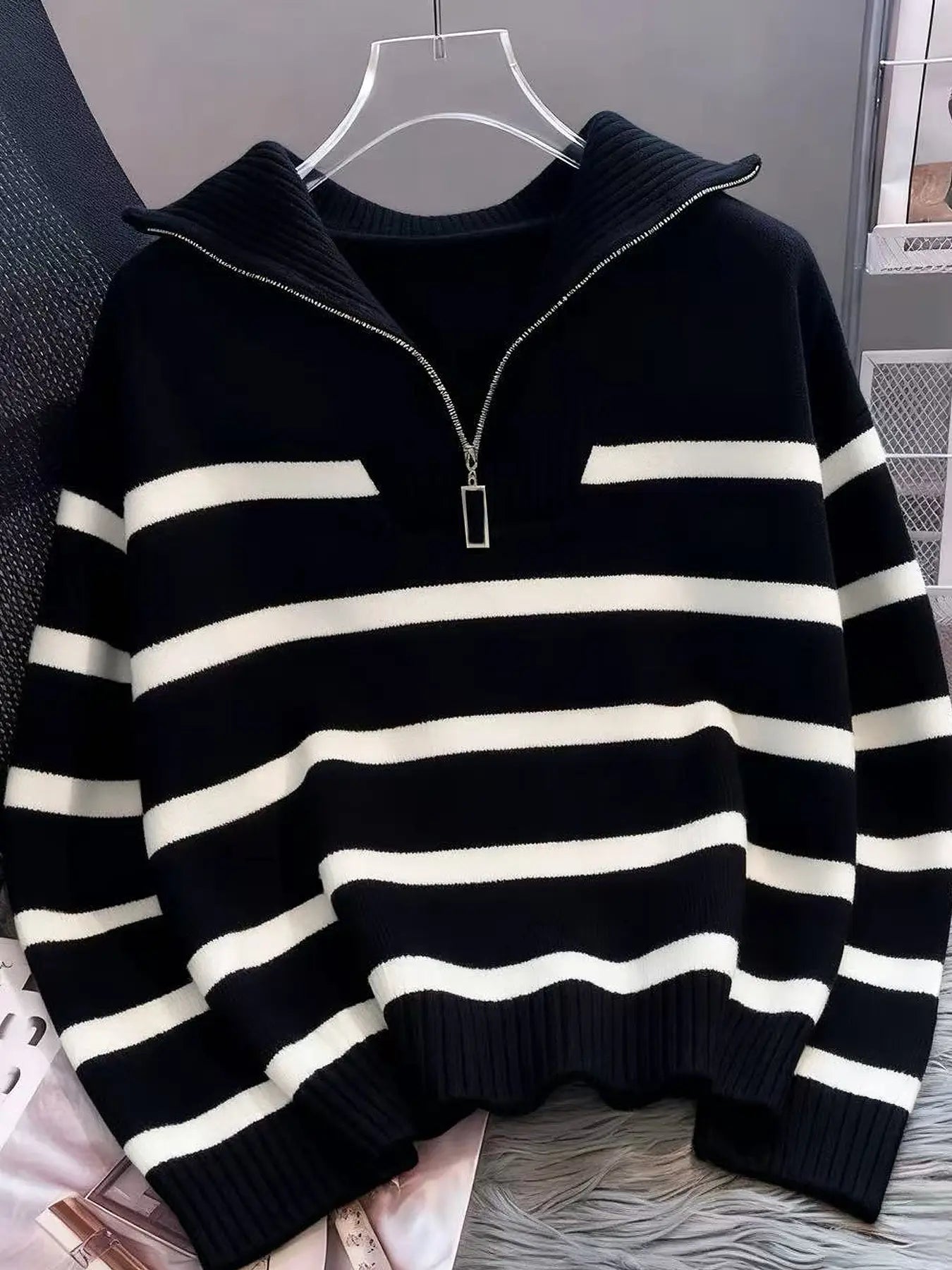 Women'S Striped-Print Drop-Shoulder Soft Sweater with Half-Zipper, Casual Fitted Long-Sleeve Collared Jumper for Daily Outdoor Wear, Knitwear for Fall & Winter, National Day Outfit