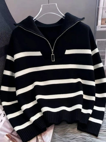 Women'S Striped-Print Drop-Shoulder Soft Sweater with Half-Zipper, Casual Fitted Long-Sleeve Collared Jumper for Daily Outdoor Wear, Knitwear for Fall & Winter, National Day Outfit