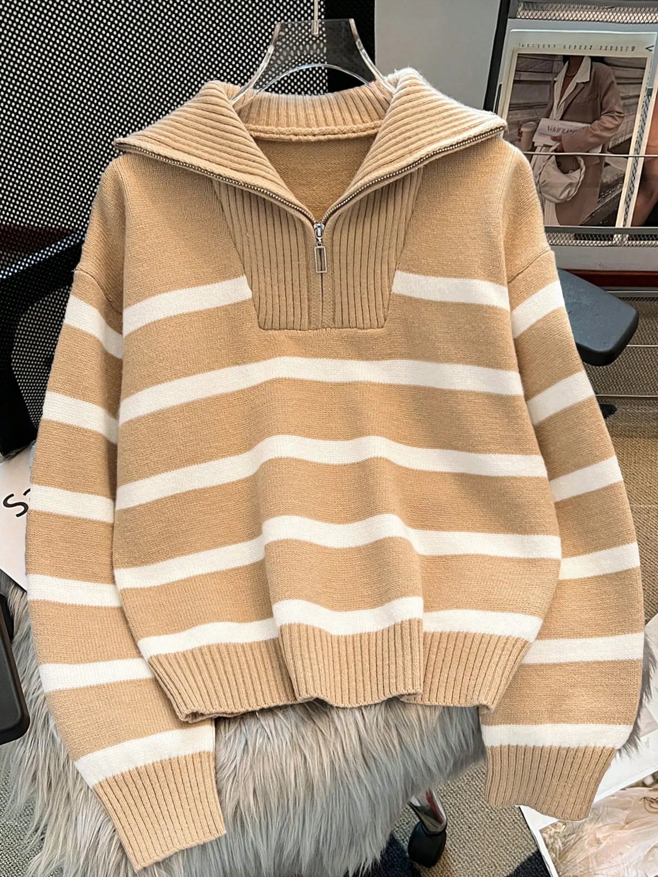Women'S Striped-Print Drop-Shoulder Soft Sweater with Half-Zipper, Casual Fitted Long-Sleeve Collared Jumper for Daily Outdoor Wear, Knitwear for Fall & Winter, National Day Outfit